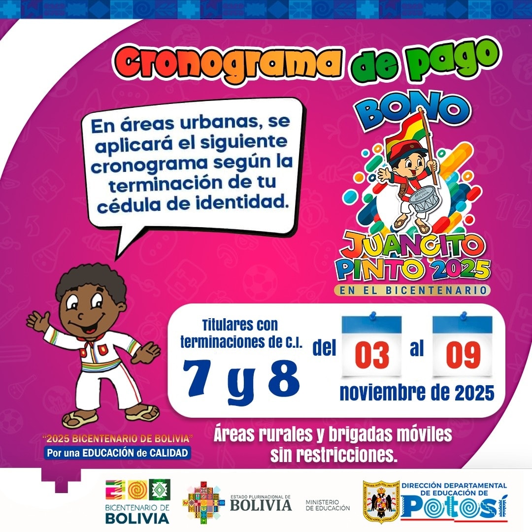 Cronograma Del Bono Juancito Pinto – Pago Según Dígitos 7 y 8